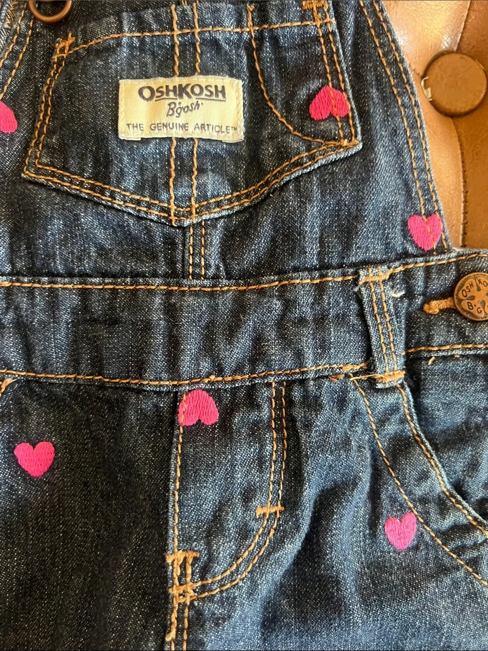 OshKosh B'gosh Dark Blue Denim Overalls with Pink Heart Accents sz 3M